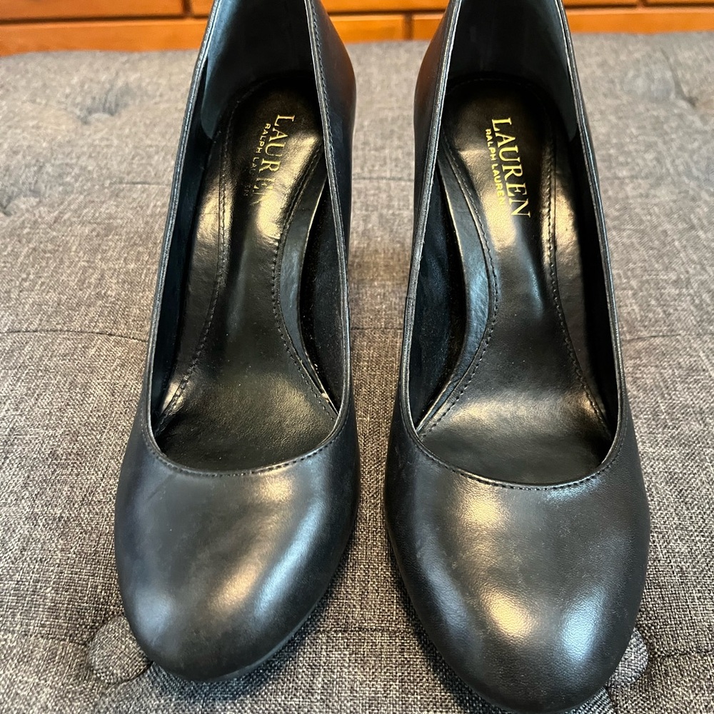 Ralph Lauren Black Leather Block Heel Pumps